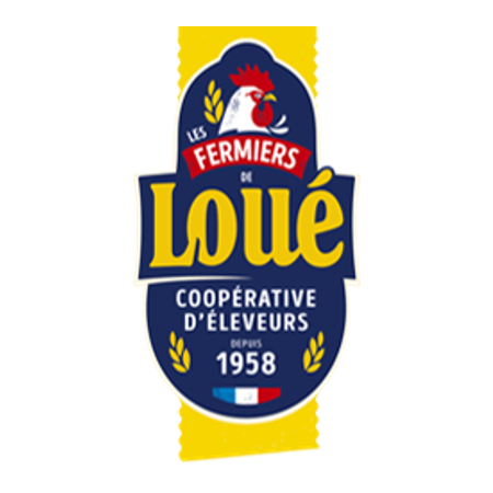 Logo des fermiers de loué avec un coq , jaune-bleu et rouge