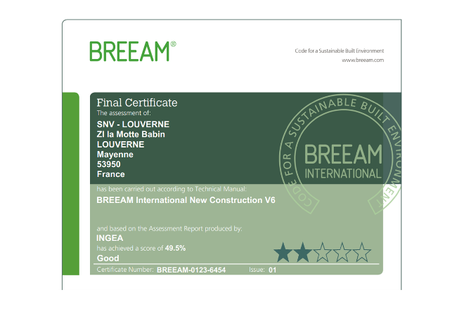 Certificat BREEAM de notre site SNV Louverné