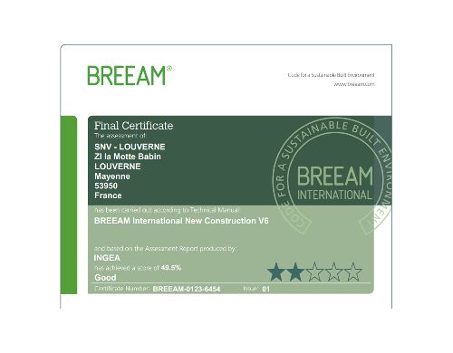 Certificat BREEAM de notre site SNV Louverné