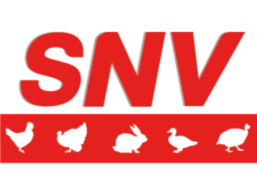 Logo Blanc avec SNV en rouge et picto volailles blancs