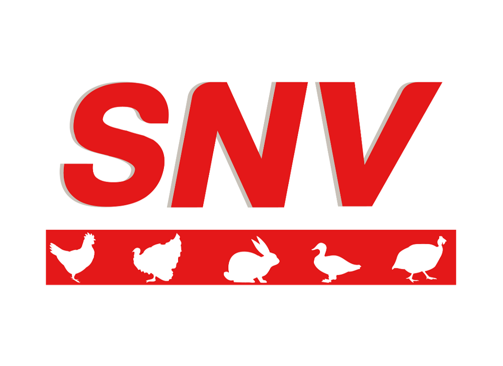 Logo Blanc avec SNV en rouge et picto volailles blancs