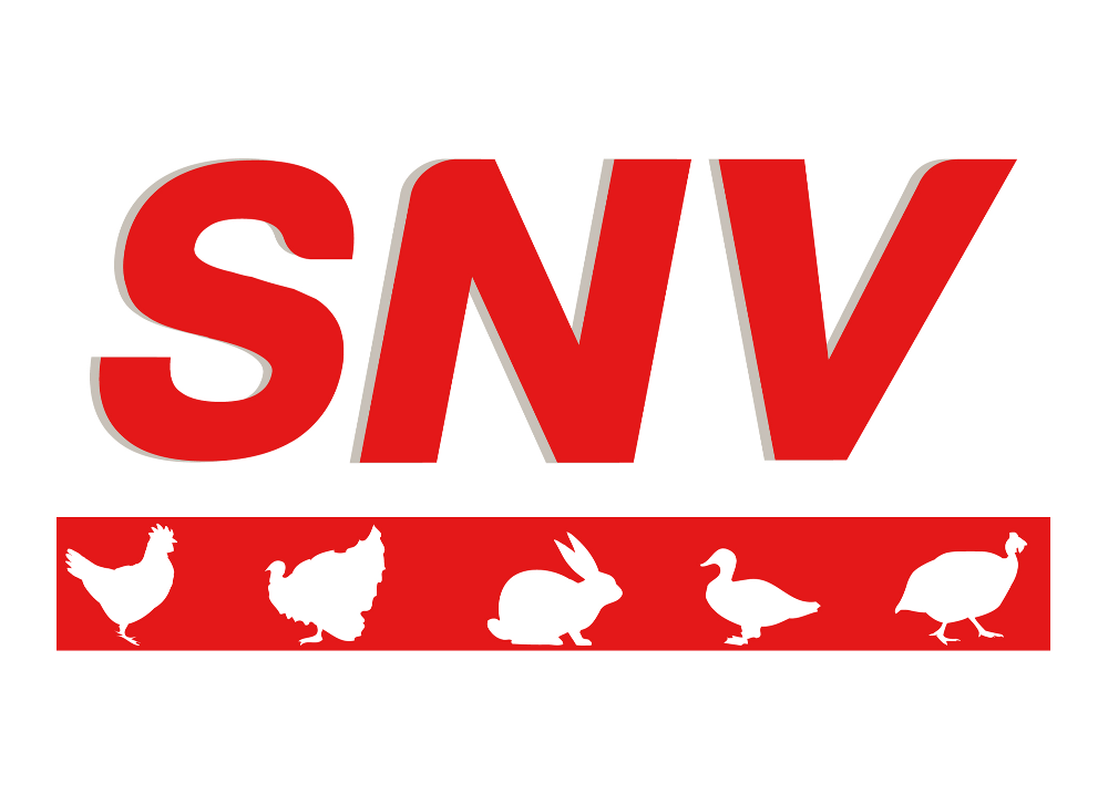 Logo Blanc avec SNV en rouge et picto volailles blancs