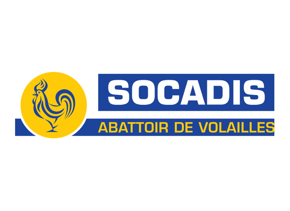 logo SOCADIS  bleu, blanc et jaune avec un coq bleu